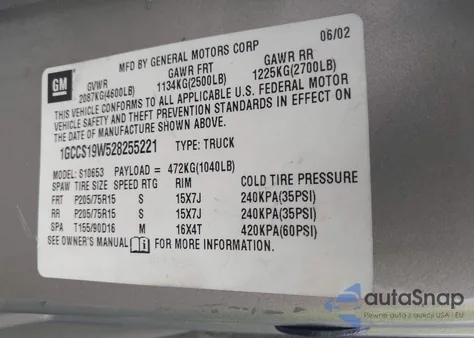 2002 Chevrolet S-10 Ls из США, поврежденный, VIN 1GCCS19W528255221